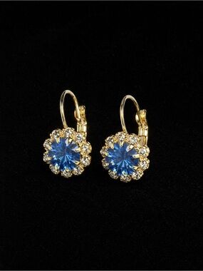 18K Plated Gold Sunburst Earrings with Blue Center Clear Crystal Halo NEW